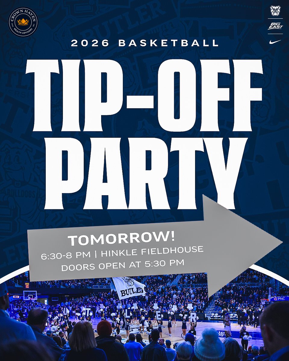 ButlerAthletics's tweet photo. The 2026 Butler Basketball Tip-Off Party is TOMORROW!
Can't wait to see you all in Hinkle!

🔗: https://t.co/jrjrszPQ9T https://t.co/2ObYsA0N3f