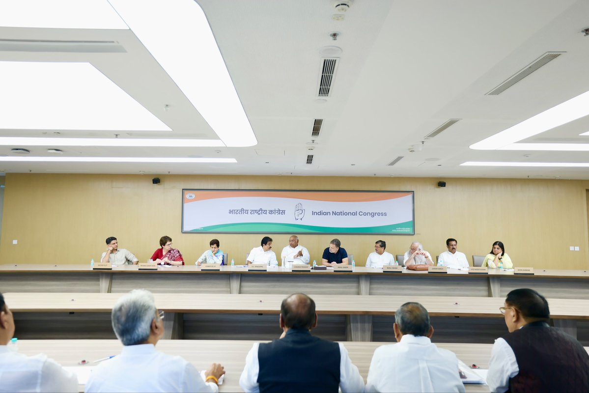 kcvenugopalmp's tweet photo. Today, Hon’ble INC President Sh. Mallikarjun @kharge ji and LOP Sh. @RahulGandhi ji held a crucial meeting with AICC General Secretaries, In-Charges, PCC Presidents and Frontal Heads to plan our next phase of protests against Gyanesh Kumar and the BJP's mega Vote Chori exercise.

Since the latest revelations, we have held state and district-level protests across India on this issue. As part of our next phase, over the next 2 months from 10th October to 26 November, AICC and PCCs will hold press conferences and protest marches at the block, district and state level as part of the Vote Bachao - Desh Bachao campaign: 

10 - 20th Oct: Block-Level Marches culminating at SDM offices

25 Oct - 25 Nov: Village Chaupals in every village, where our workers will explain Modi-Shah's modus operandi of Vote Chori, and village leaders and heads will be invited. BLAs, our Vote Rakshaks, will have the task of identifying every voter deleted unfairly and ensuring their re-enrollment. 

Nov 1st - INDIA Bloc Mega Rally at Ram Leela Maidan, New Delhi. 

Nov 25-26: Congress’ Delhi Chalo vehicle rally culminating in Delhi on Constitution Day, Nov 26.

Our fight is to the finish. We will keep fighting on the streets until Gyanesh is removed, arrested and prosecuted.