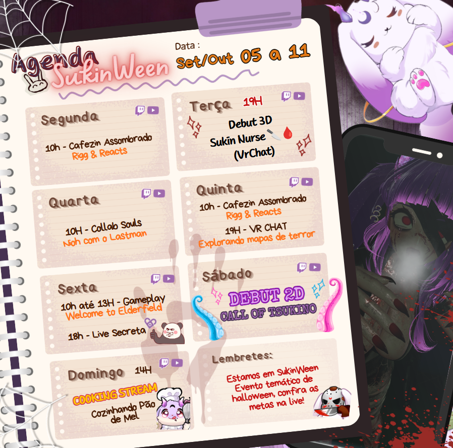 JennyTsukino's tweet photo. 🗓️🎃 𝓐𝓰𝓮𝓷𝓭𝓪 𝓢𝓮𝓶𝓪𝓷𝓪𝓵 — 05/10 a 11/10🎃ˎˊ˗

Agendinha da semana saindo do forno e TÁ QUENTE DEMAISSS 🔥

Essa semana teremos DOIS DEBUTS, Collab Souls, VRChat de terror, gameplay, live secreta 👀 e até COOKING STREAM 🙏

O Sukinween mal começou e eu já tô completamente MALUCA 🎃🩸

N◊S √Èм◊S ηªS ĻÎ√ÈS, ¢◊ÈĻɧÎηɧ◊S~!🫡

💜 https://t.co/BC3Jf7To8P 
❤️ https://t.co/T3MhCGWqix 

˚₊‧≽^•༚• ྀི≼ ‧₊˚ #vtuber #vtuberbr