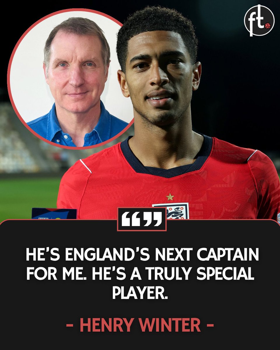 Footballtweet's tweet photo. 🏴󠁧󠁢󠁥󠁮󠁧󠁿🔥 Hugely respected English journalist Henry Winter believes Jude Bellingham is destined to become one of England’s all-time greats — and sees him as the country’s future captain.

🗣️ "He’s a fantastic role model. He’s a top professional. He’s playing for a club which has probably got the most pressure on it in the world and he’s relishing it.

You saw when he went to Real Madrid, he took (Zinedine) Zidane’s shirt. It was a player he idolised growing up and he was fantastic that season.

"When Harry Kane moves on, whenever it is, the way Kane is playing, he is going to be around for a while. But he’s England’s next captain for me. So he’s a truly special player."

Do you agree with him? 🤔