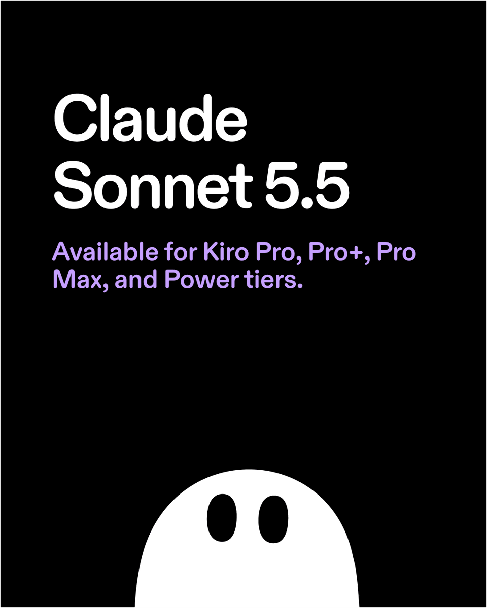 kirodotdev's tweet photo. Claude Sonnet 5.5 is now available  

It is Anthropic's fastest Sonnet model to date and a clear upgrade over Claude Sonnet 5. 

Built for well-scoped coding and everyday work of building features, fixing bugs, and reviewing code. 

Available for Kiro Pro, Pro+, Pro Max, and Power tiers. 

Full breakdown here: https://t.co/eJ7mx70U6g