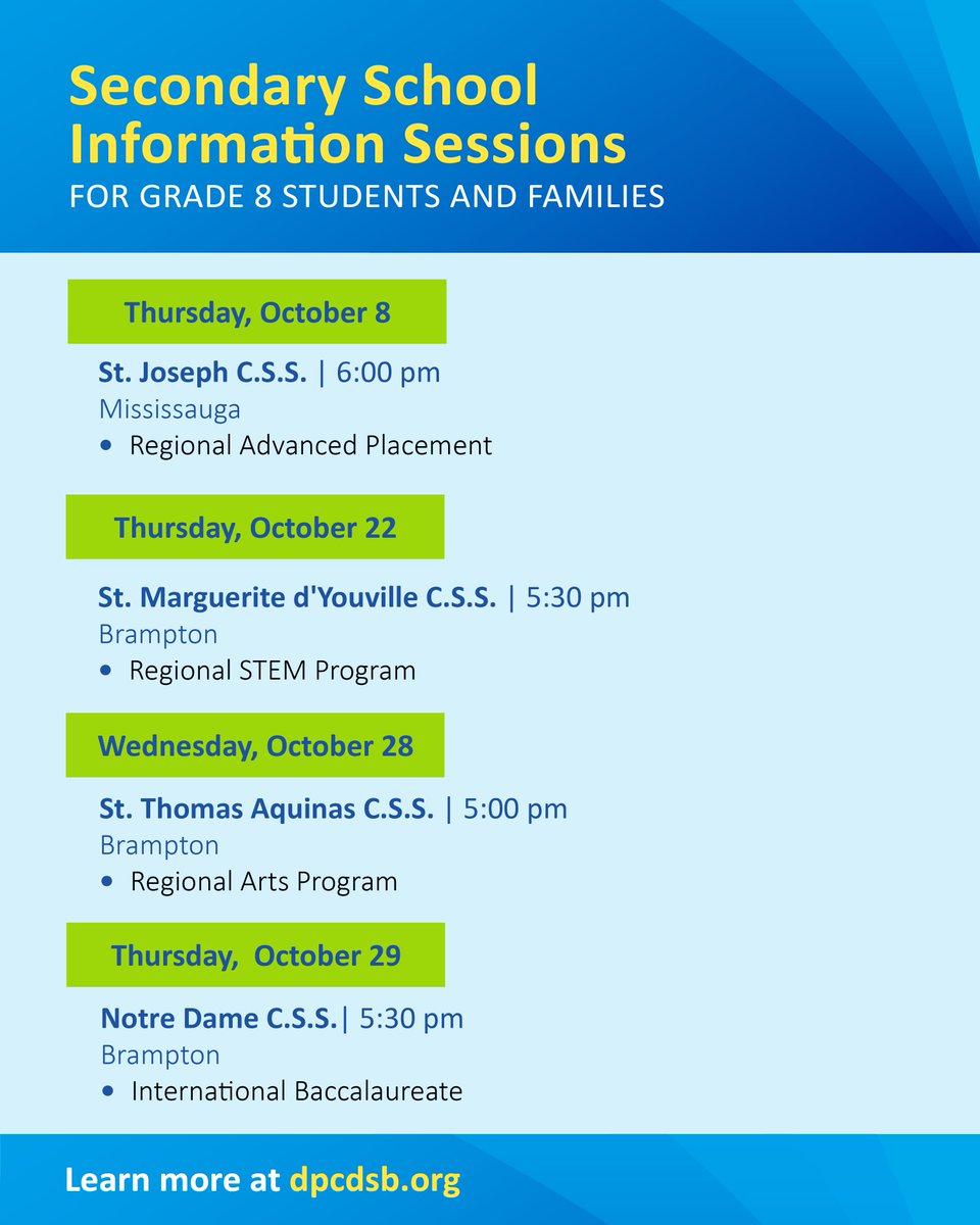 DPCDSBSchools's tweet photo. This month's DPCDSB secondary school information session open houses for prospective students &amp; families:

➡ Oct. 8 | St. Joseph CSS
➡ Oct. 22 | St. Marguerite d'Youville CSS
➡ Oct. 28 | St. Thomas Aquinas CSS
➡ Oct. 29 | Notre Dame CSS

View schedule: https://t.co/plU6ZSbeEm https://t.co/CmVT4Dr5qp
