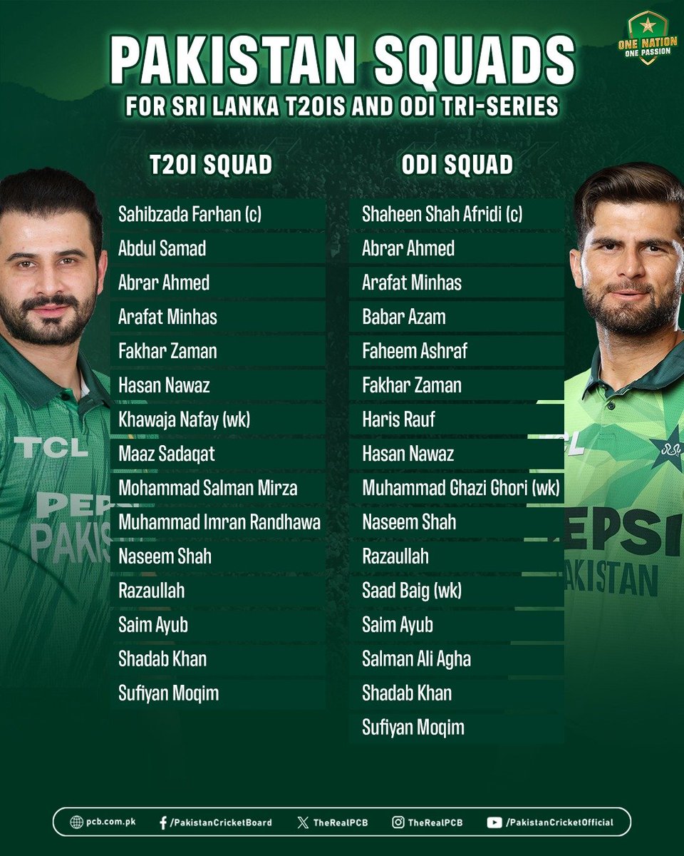 TheRealPCBMedia's tweet photo. Pakistan squads announced for Sri Lanka T20Is and ODI tri-series

Details here ➡️ https://t.co/K5Do0qhuXa

#PAKvSL | #PAKvENG https://t.co/vYNzuSU0jn