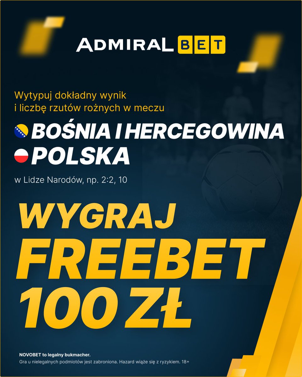 AdmiralBetPL's tweet photo. ⚽️ KONKURS 🇧🇦🇵🇱 #BIHPOL

-> Zaobserwuj @Admiralbetpl ✅
-> Zostaw serduszko pod postem i podaj dalej ❤️
-> Wytypuj dokładny wynik i liczbę rzutów rożnych w całym meczu BOŚNIA - POLSKA, np. 2:2, 10

➡️ Jeden użytkownik może oddać jeden typ.
➡️ Czas na oddanie typu do 20:45.
➡️ Freebet 100  PLN dla pierwszych trzech osób, które poprawnie wytypują!

Regulamin: https://t.co/yuqGnm0qmz