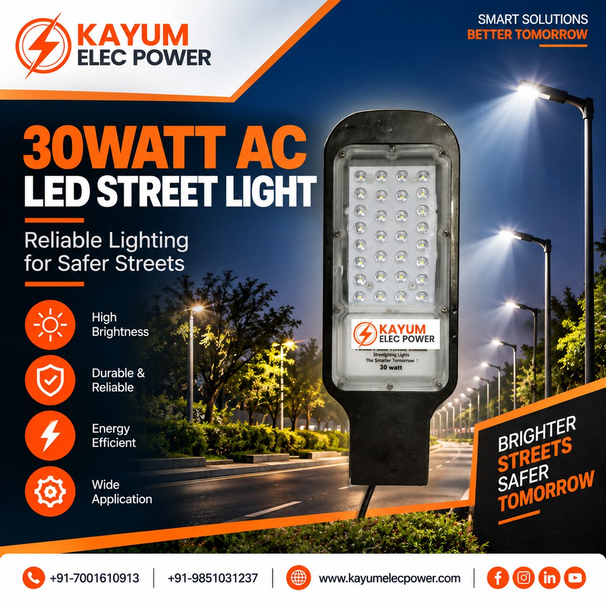 KayumPower's tweet photo. Dark streets? Not anymore. Let every corner shine brighter!

30W AC LED Street Light by Kayum Elec Power — bright, durable &amp; energy-efficient lighting for safer streets.

🌐 https://t.co/RE3wEEQVVU
📞 +91-7001610913 | +91-9851031237

#LEDLighting #StreetLight #SmartLighting https://t.co/mEfrA42cxU
