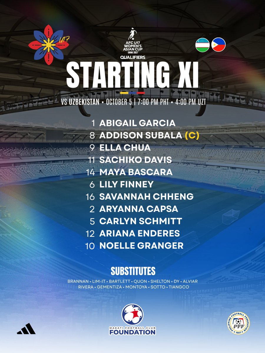 pilipinasynt's tweet photo. The #FilipinasU17 Starting XI for this opening match to Group H of the #U17WAC qualifying tournament in Tashkent.

🇺🇿🇵🇭 | #LabanFilipinasU17 #TheJourneyContinues https://t.co/Wx3pQVfs5d