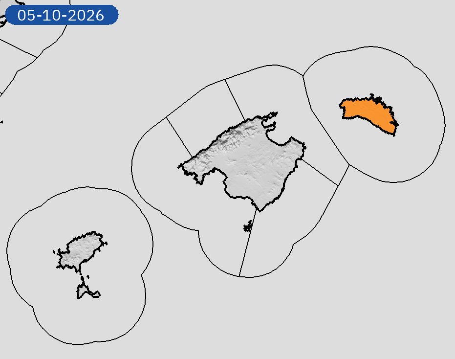 AEMET_Baleares's tweet photo. 05/10 12:12 AVISOS HOY | Illes Balears: lluvias y tormentas. Nivel máximo de aviso: naranja.
Actualizaciones en https://t.co/5xR91vsuMu https://t.co/X05IsMiAz7