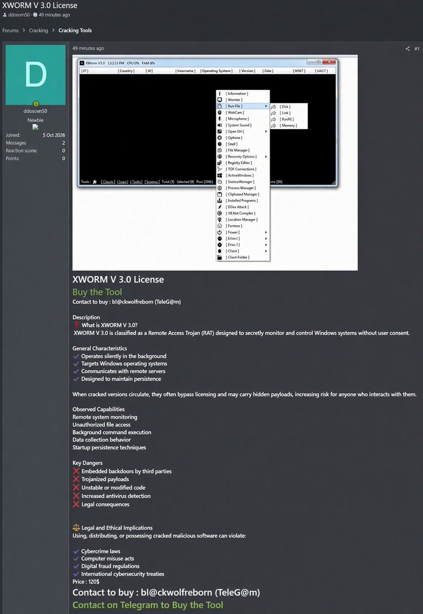 CyberPulse56's tweet photo. ‼️MALWARE ALERT — XWORM v3.0 RAT

A forum post is advertising XWORM v3.0, a Windows Remote Access Trojan (RAT), reportedly offered for $1,205.

⚠️ Reported capabilities include:
• Remote system monitoring/control
• File access
• Command execution
• Data collection
• Startup persistence
• Communication with remote servers

Cracked or modified versions may introduce additional malicious payloads, backdoors, or other unwanted code.

🛡️ Users should avoid downloading, purchasing, or executing unauthorized/cracked RAT builds and rely on trusted security software and legitimate sources.

#CyberSecurity #Malware #XWORM #RAT #ThreatIntelligence #Infosec #MalwareAlert