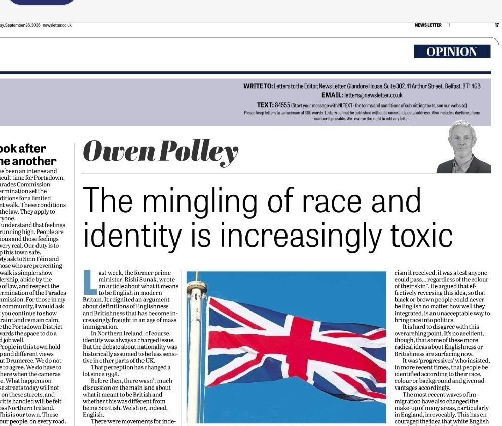 BenLowry2's tweet photo. There is no Owen Polley column in today's News Letter. Owen @3000Versts tells me he got an email late last week scrapping the column forthwith. There is much I could say about his excellent writing. For now I'll say that at a time when unionist commentators are in seriously short supply, by which I mean voices that actually defend the very strong case to be made for unionism and are not afraid to criticise a nationalism that, as recent weeks have shown, gets ever more assertive, I was delighted to have Owen as our Monday columnist for the full five years of my @News_Letter editorship. He wrote about the range of unionist concerns, from nationalist political overeach and cultural triumphalism, the legacy outrage to, above all, the Irish Sea border. Owen warned about the supposedly harmless idea of a backstop before it even came in. Latterly he regularly chronicled how it was nonsense to say the constitutional outrage of an internal UK frontier had been scrapped.  What a counterblast he is to the dominant NI commentary outlook. His vital voice will no doubt be heard in other forums