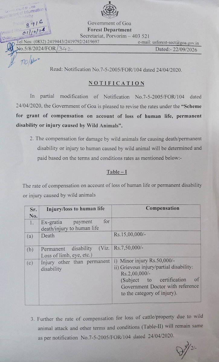 dip_goa's tweet photo. Govt. of Goa revises the rates under the "Scheme for grant of compensation on account of loss of human life, permanent Disability or injury caused by wild Animals". https://t.co/NYm5AW6TRJ