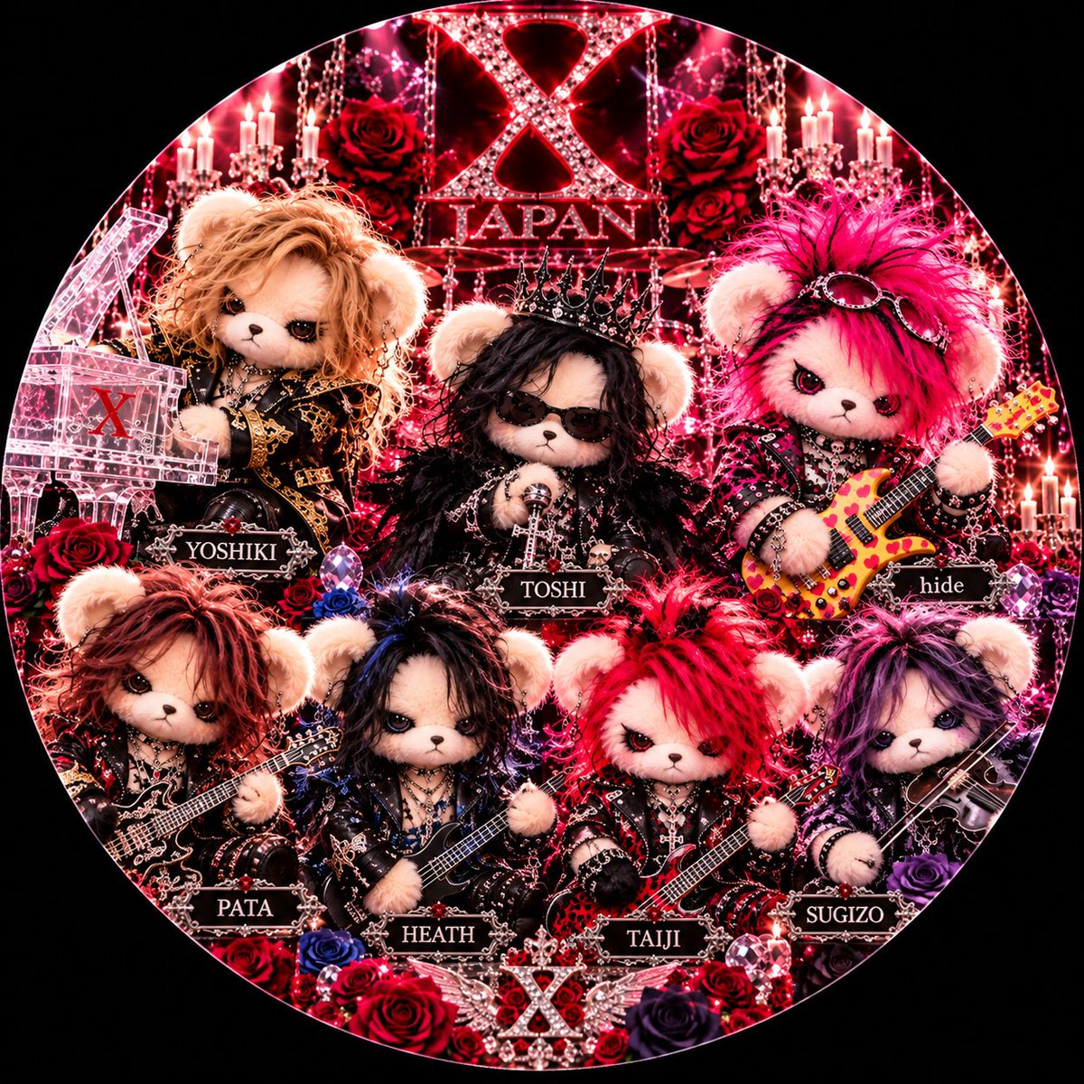 hide722yu's tweet photo. XJAPANのメンバーをイメージした、くま🧸ちゃん(*´罒`*)

 #XJAPAN
 #メンバー
 #くま
 #画像どうぞ https://t.co/bjxLO8g2EP