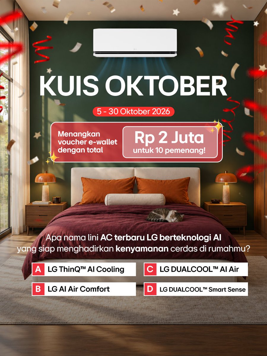lgeindonesia's tweet photo. LG Indonesia menuju 36 tahun! 🎉 Temukan nama resmi lini AC AI terbaru LG dan menangkan voucher e-wallet untuk 10 pemenang! 🎁

Periode: 5 - 30 Okt 2026.

Tulis jawabanmu di kolom komentar sekarang!

#LGIndonesia #LifesGood #DUALCOOL https://t.co/OqcLohSZF4