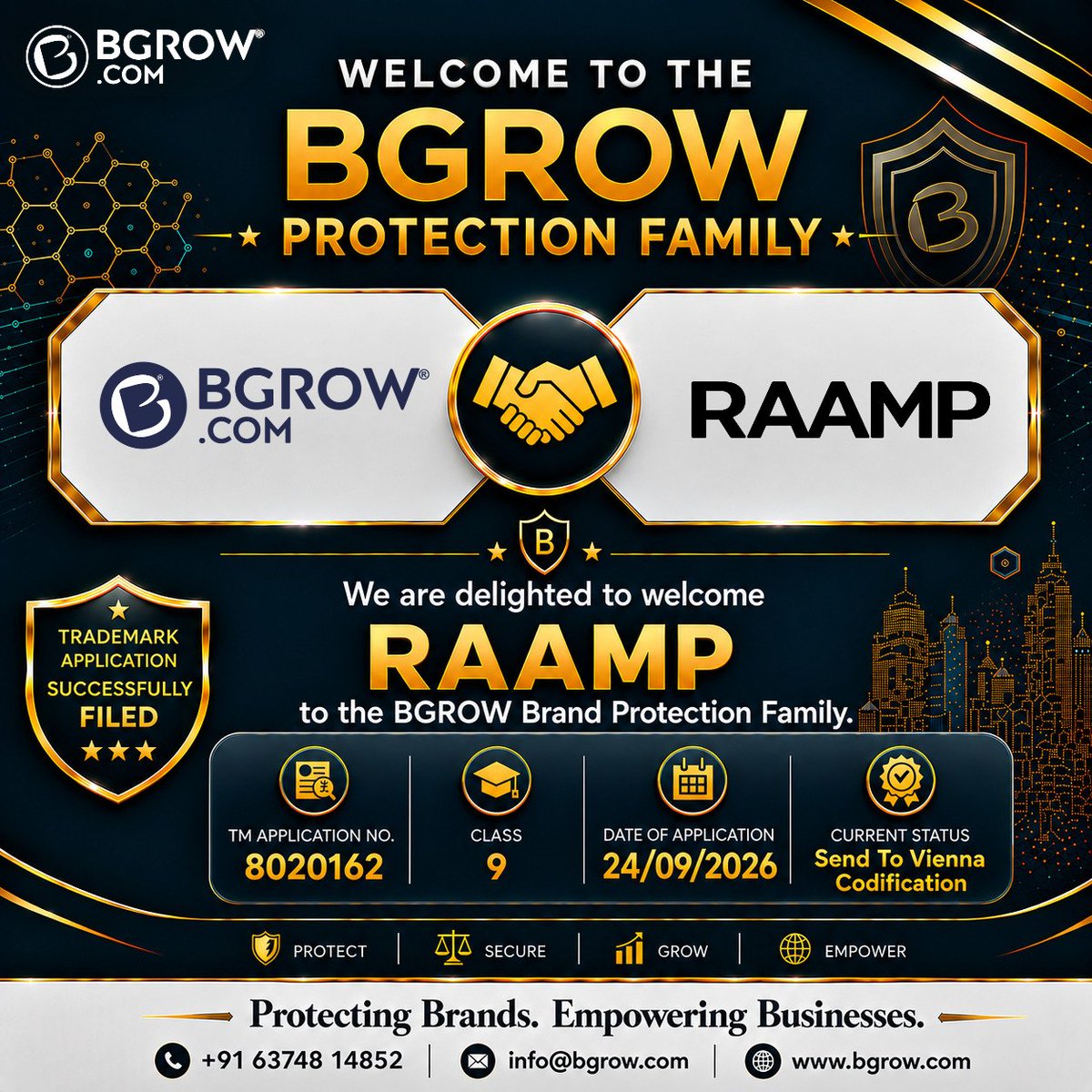 Bgrowindia's tweet photo. ๐ Welcome to the BGROW Protection Family!
Bgrow Solutions Pvt Ltd
๐ 6374814852 | 82204 49933
โ๏ธ info@bgrow.com
๐ https://t.co/Gdn08qikId
#BGROW #BgrowSolutions #RAAMP #Trademark #TrademarkRegistration #TrademarkProtection #BrandProtection #BrandIdentity #Class9 https://t.co/ysBiE7IZwG