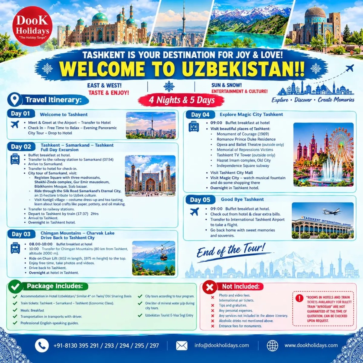PedroIv13740397's tweet photo. Welcome to Uzbekistan! Explore Tashkent, Samarkand and Charvak on an unforgettable 4-night, 5-day journey. Discover history, Chimgan Mountains, Charvak Lake, Magic City and local shopping. https://t.co/usyDLKJNK2