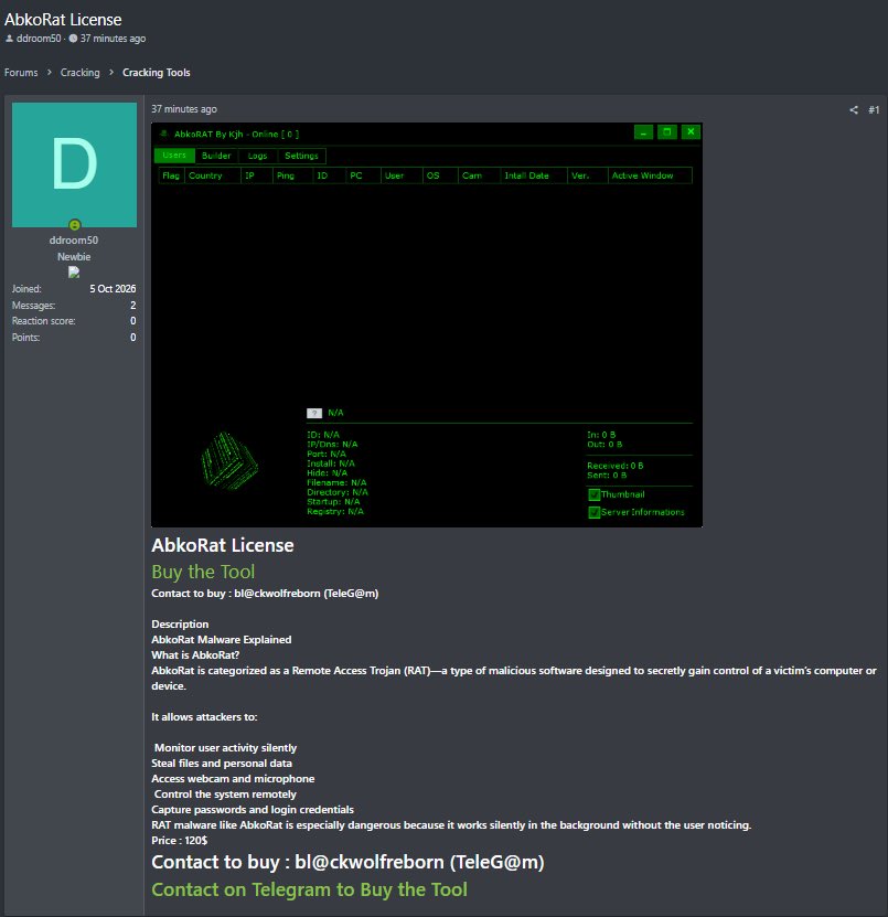 CyberPulse56's tweet photo. ‼️MALWARE ALERT — AboRat RAT

A forum post is advertising AboRat, a Remote Access Trojan (RAT) reportedly offered for $120.

⚠️ Reported capabilities include:
• Remote system control
• User activity monitoring
• File & personal-data theft
• Webcam & microphone access
• Password/credential theft
• Silent background operation

🛡️ Avoid downloading or executing unauthorized RAT tools or cracked builds. Use reputable security software and trusted sources.

#CyberSecurity #Malware #AboRat #RAT #ThreatIntelligence #Infosec #MalwareAlert