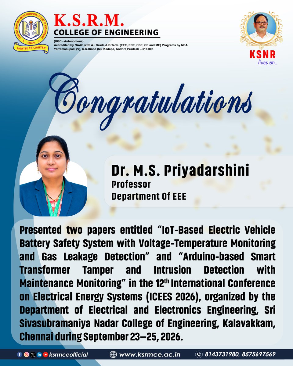 ksrmceofficial's tweet photo. Congratulations !!
#KSRMCE #EEE #ICEES #Paperentitled #Electricvehical #batterysafetysystem #Voltagetemperature #Monitoring #Gas #Leakagedetection #Arduinobased #Smarttransformertamper #Intrusiondetection #maintenancemonitoring #Congratulations https://t.co/OXWvmJeZ8w