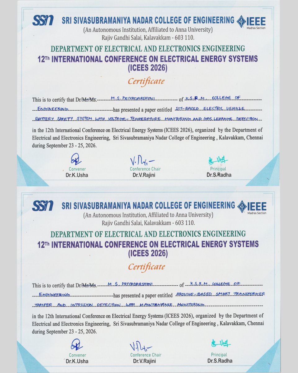 ksrmceofficial's tweet photo. Congratulations !!
#KSRMCE #EEE #ICEES #Paperentitled #Electricvehical #batterysafetysystem #Voltagetemperature #Monitoring #Gas #Leakagedetection #Arduinobased #Smarttransformertamper #Intrusiondetection #maintenancemonitoring #Congratulations https://t.co/OXWvmJeZ8w