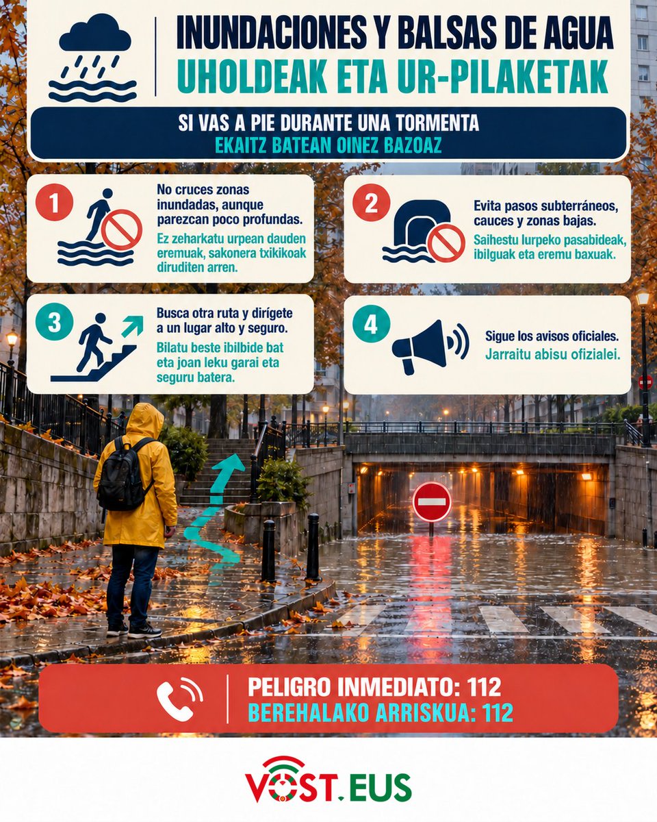 VOSTeuskadi's tweet photo. 🌧️ Ante tormentas o aguaceros como el del pasado sábado, no cruces zonas inundadas. Busca otra ruta y sigue los avisos.

🌧️ Joan den larunbatekoa bezalako ekaitz edo euri-jasetan, ez zeharkatu urpeko eremuak. Bilatu beste bide bat eta jarraitu abisuei.

Arriskua/Peligro: 112 https://t.co/Nd2H8p6Dry