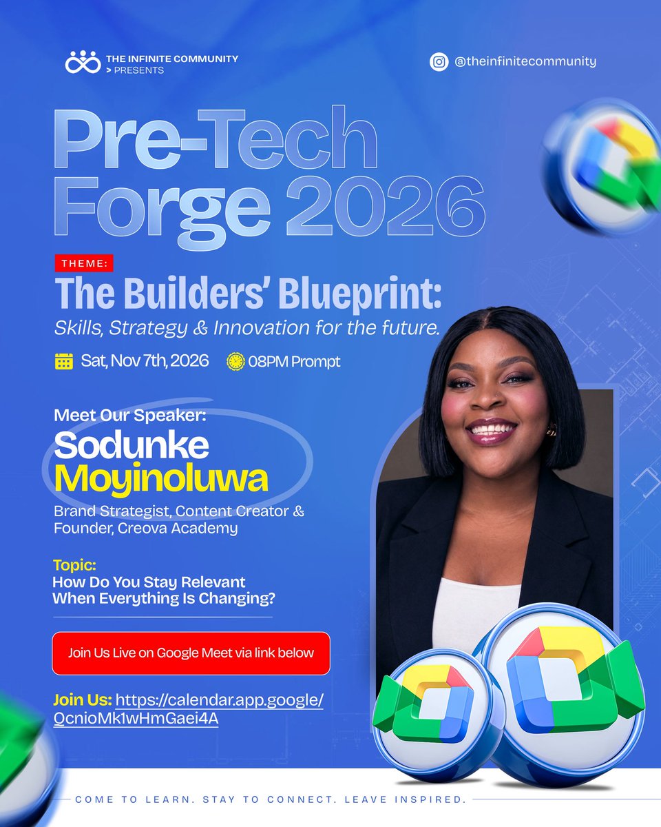 _techforge's tweet photo. Everything keeps changing. What does it take to stay relevant through it all?

Meet our next Pre-TechForge 2026 speaker: Sodunke Moyinoluwa (@dheraahtheinfluencer) , Brand Strategist, Content Creator & Founder, Creova Academy.

She'll be speaking on "How Do You Stay Relevant When Everything Is Changing?"

Sat, Nov 7th, 2026 | 8PM Prompt | Google Meet

Bring your questions. We're getting into the work.

Add the event to your calendar through the link below or use the link in bio o

https://t.co/0QbxMhXuiL

#PreTechForge2026 #TechForge2026 #techevents #techconference
