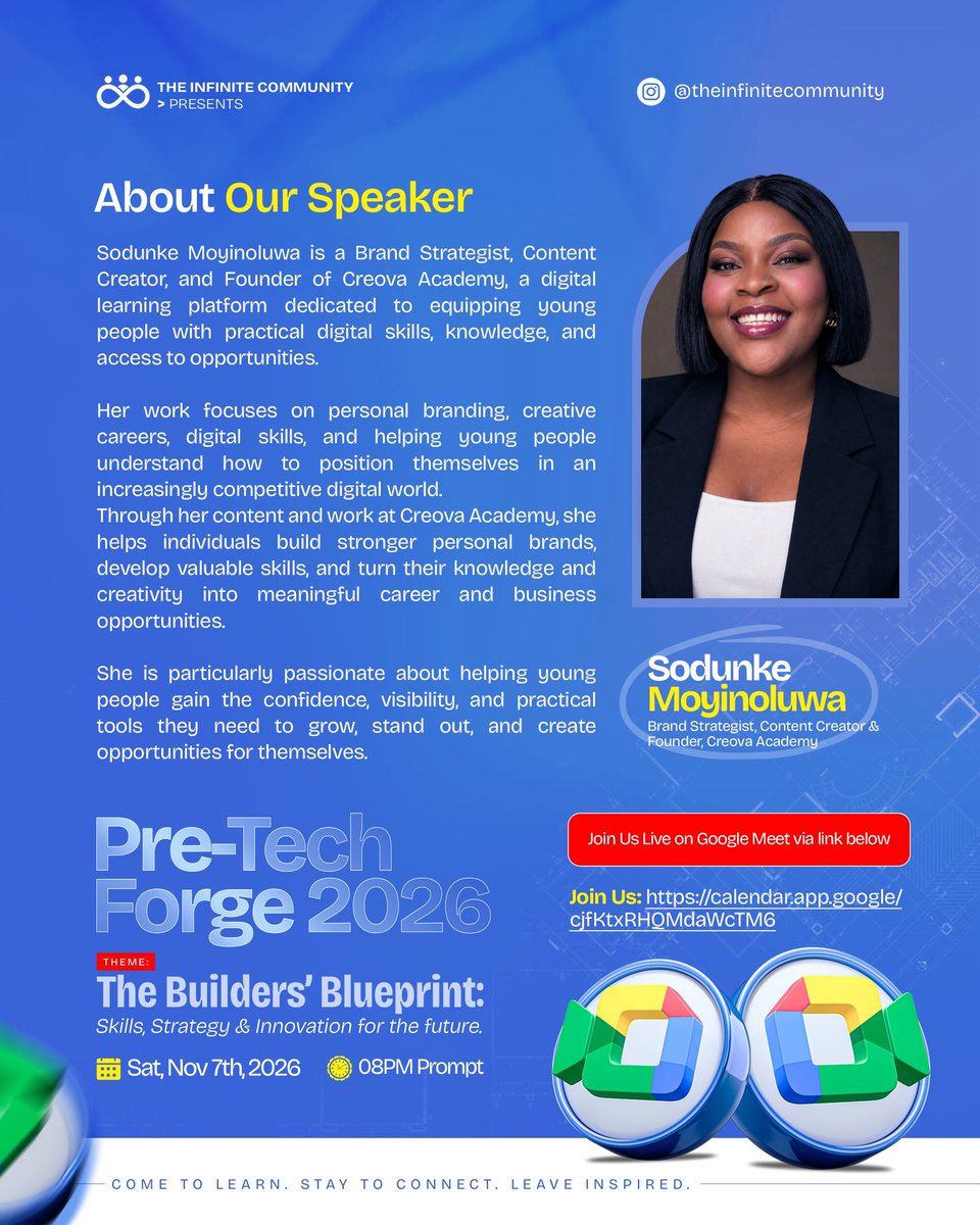 _techforge's tweet photo. Everything keeps changing. What does it take to stay relevant through it all?

Meet our next Pre-TechForge 2026 speaker: Sodunke Moyinoluwa (@dheraahtheinfluencer) , Brand Strategist, Content Creator & Founder, Creova Academy.

She'll be speaking on "How Do You Stay Relevant When Everything Is Changing?"

Sat, Nov 7th, 2026 | 8PM Prompt | Google Meet

Bring your questions. We're getting into the work.

Add the event to your calendar through the link below or use the link in bio o

https://t.co/0QbxMhXuiL

#PreTechForge2026 #TechForge2026 #techevents #techconference