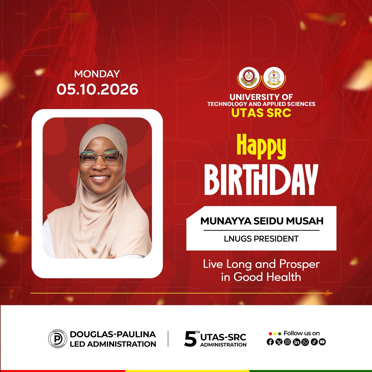 utas_src's tweet photo. Happy Birthday to our LNUGS President, Munayya Seidu Musah 🎂
The SRC  wishes you long life and prosperity.
Live long and prosper in good health🎉 https://t.co/Hev5DHzq9g