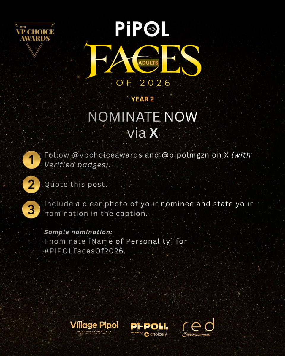 vpchoiceawards's tweet photo. PIPOL, nominations for #PIPOLFacesOf2026 Adults category are NOW OPEN!

Follow @pipolmgzn  Now!

Nominate your favorite Male & Female personalities who embody authentic beauty, charm, and influence that resonates with the PIPOL.

Read the mechanics on the art card to start nominating.

You may also send your nominations through the VPCA Website:
👉 https://t.co/mXuL6hU0nY

Learn more details and other ways to nominate:
👉 https://t.co/w931vUx2pf

#PIPOLFacesSexiest2026 #8thVPChoiceAwards #VPChoiceAwards