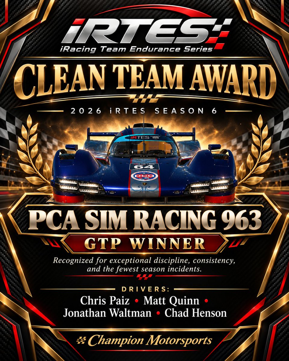 pcasimracing's tweet photo. We would love to congratulate Chris Paiz, Matt Quinn, Jonathan Waltman + Chad Henson of the PCA Sim Racing 963 Team for taking home the iRacing Team Endurance Series (iRTES) Clean Team Award in the GTP class!

#PCASimRacing
#iRTES
@PCANational https://t.co/KhUgwfGTpL