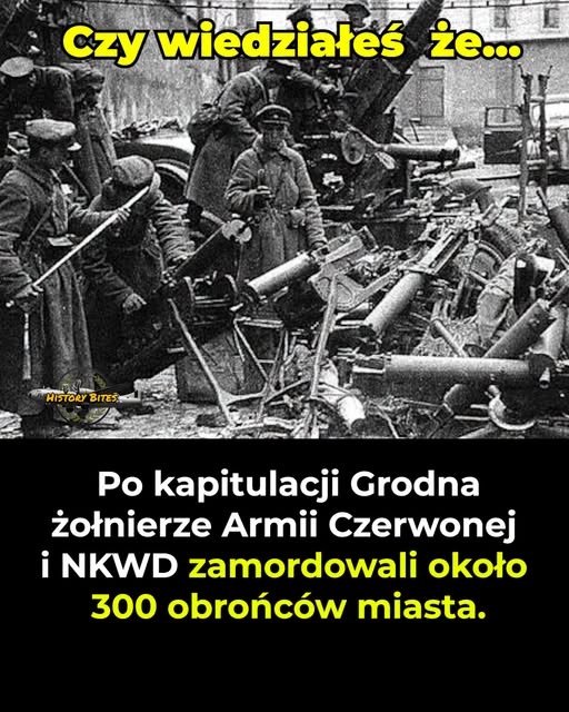 Darekbrzoza's tweet photo. "SOWIECI ZAMORDOWALI 300 OBROŃCÓW GRODNA!
20 września 1939 roku wojska sowieckie rozpoczęły szturm na Grodno, bronione przez żołnierzy Wojska Polskiego, policjantów oraz miejscową młodzież. Przez dwa dni trwały ciężkie walki uliczne. Obrońcy wykorzystywali https://t.co/NS6TdplxPj. butelki z benzyną, a polscy żołnierze i ochotnicy niszczyli sowieckie czołgi.
22 września polskie oddziały otrzymały rozkaz wycofania się z miasta. Nie oznaczało to jednak końca tragedii. Sowieci i funkcjonariusze NKWD dokonywali egzekucji pojmanych obrońców oraz osób podejrzewanych o udział w obronie miasta.
Według części polskich opracowań po zajęciu Grodna zamordowano około 300 polskich obrońców i ochotników. Wśród ofiar byli również bardzo młodzi ludzie, którzy spontanicznie włączyli się do walki z sowieckimi wojskami.
Zbrodnie te stały się jednym z najbardziej tragicznych epizodów sowieckiej agresji na Polskę we wrześniu 1939 roku." za History Bites