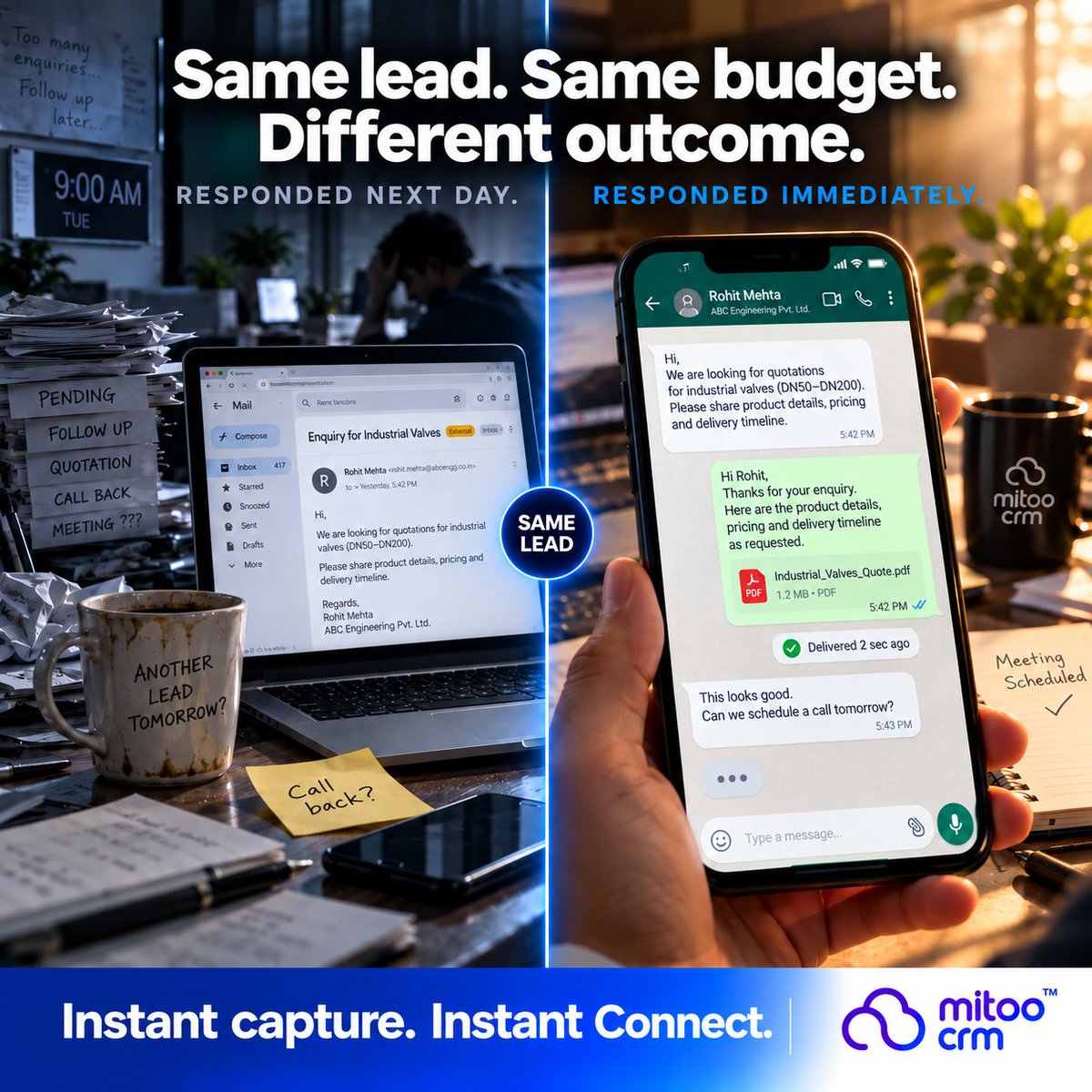MitoCRM's tweet photo. Same lead. Same budget. Different outcome.

One responded next day. One responded immediately.

Instant capture. Instant connect.

🔗 https://t.co/ILb84RXJWI

#CRM #LeadManagement https://t.co/euWBcxWoCx