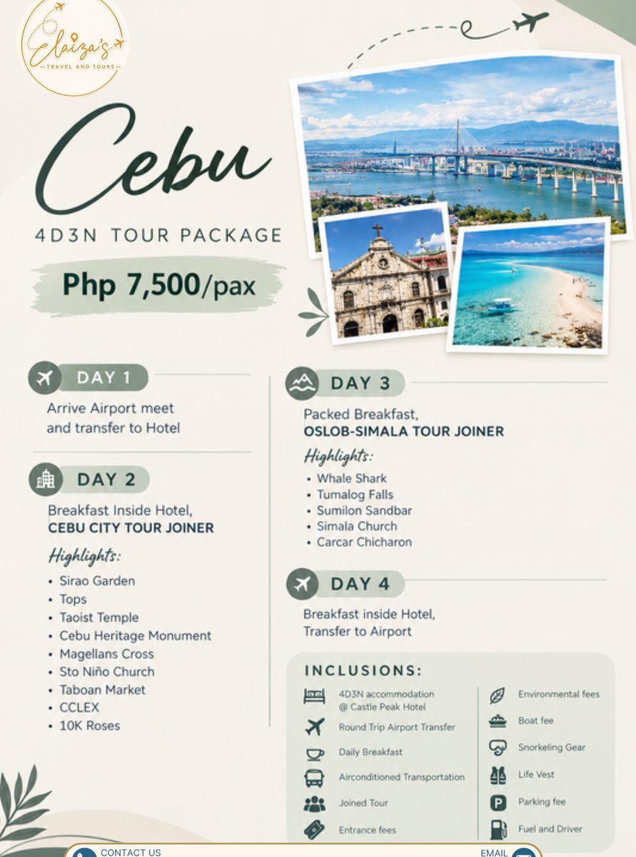 Ramonkarwatzki's tweet photo. Cebu 4D3N Tour Package for ₱7, 500 per person. Explore Cebu City, Oslob, and Simala with accommodation, daily breakfast, transfers, tours, entrance fees, boat fee, snorkeling gear, and more included. Message Elaiza’s Travel and Tours to reserve. https://t.co/cufpRXSd3F