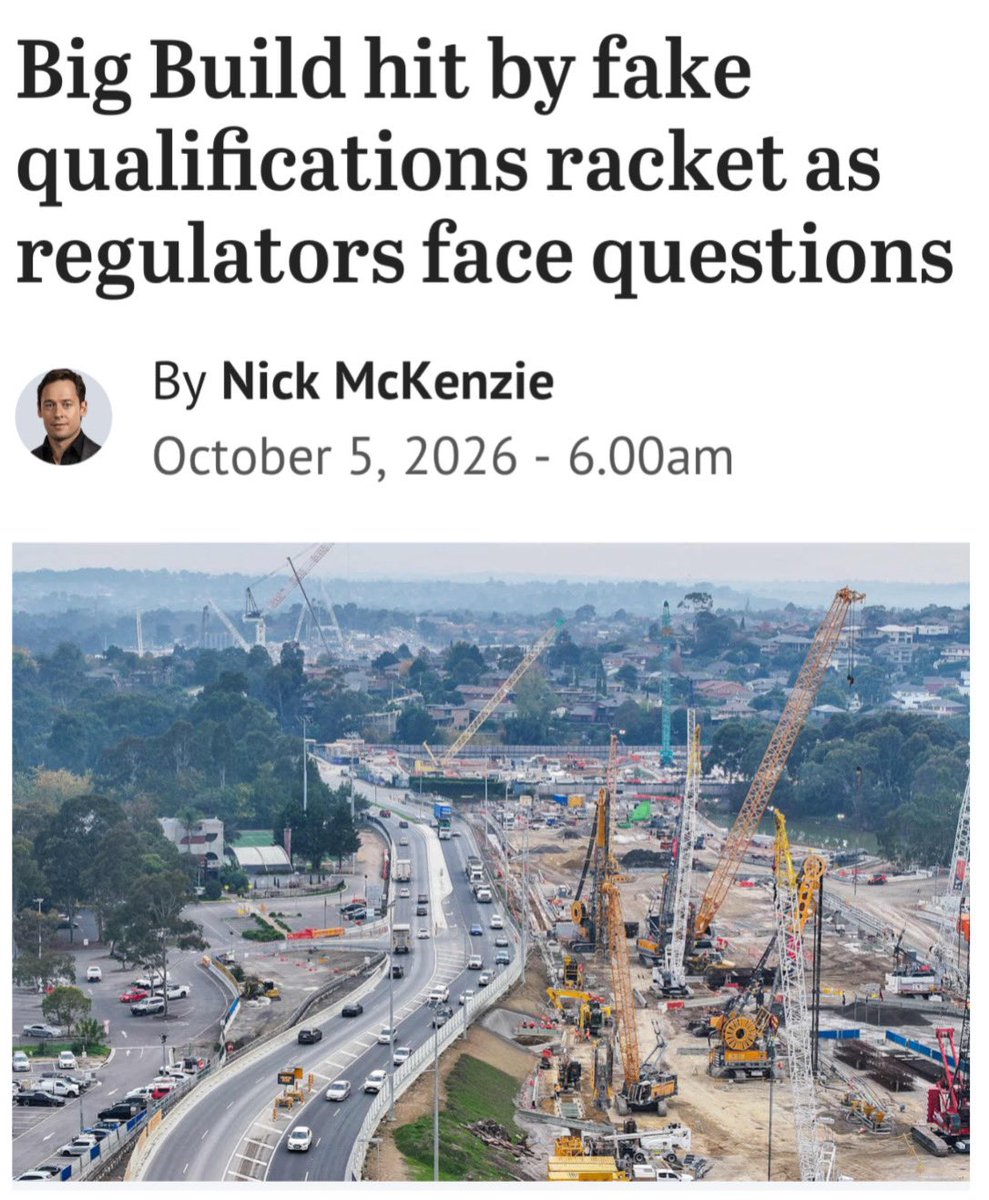 22thinkinggirl's tweet photo. BIG BUILD CORRUPTION the gift that keeps on giving.  

“A fake qualifications racket is infecting the Victorian government’s Big Build and commercial building projects, raising the prospect that workers and the public are exposed to unsafe worksites, and plunging the state’s construction sector into a fresh crisis.

An investigation by The Age can reveal that large numbers of fraudulent building industry training and qualification certificates have allegedly been issued by scam and criminal networks over the past four years, with traffic management and other construction industry certificates suspected of being exchanged in car parks and pubs for cash by Big Build workers.

Two months ago, Victoria Police’s Taskforce Hawk alerted the regulator that detectives had uncovered the fake certificates racket while probing organised crime activity in the building sector.”

https://t.co/qEzdMtz3gJ