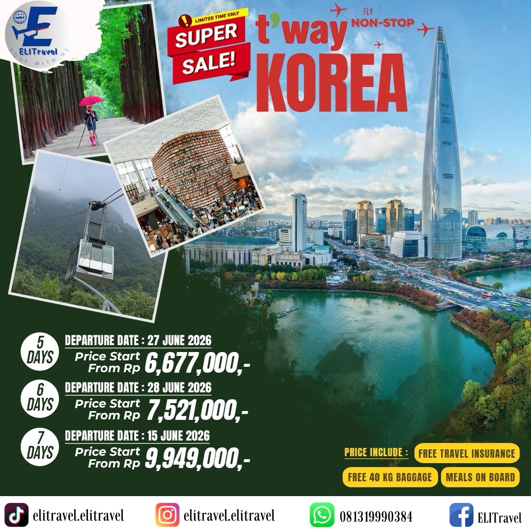 fg_jessika's tweet photo. Saatnya explore Korea bareng ELITravel dengan penerbangan non-stop T’Way Airlines. Paket 5D mulai Rp6. 677. 000, termasuk asuransi perjalanan, bagasi 40 kg, dan meals on board. Seat dan harga promo terbatas. https://t.co/054A5hGZG6