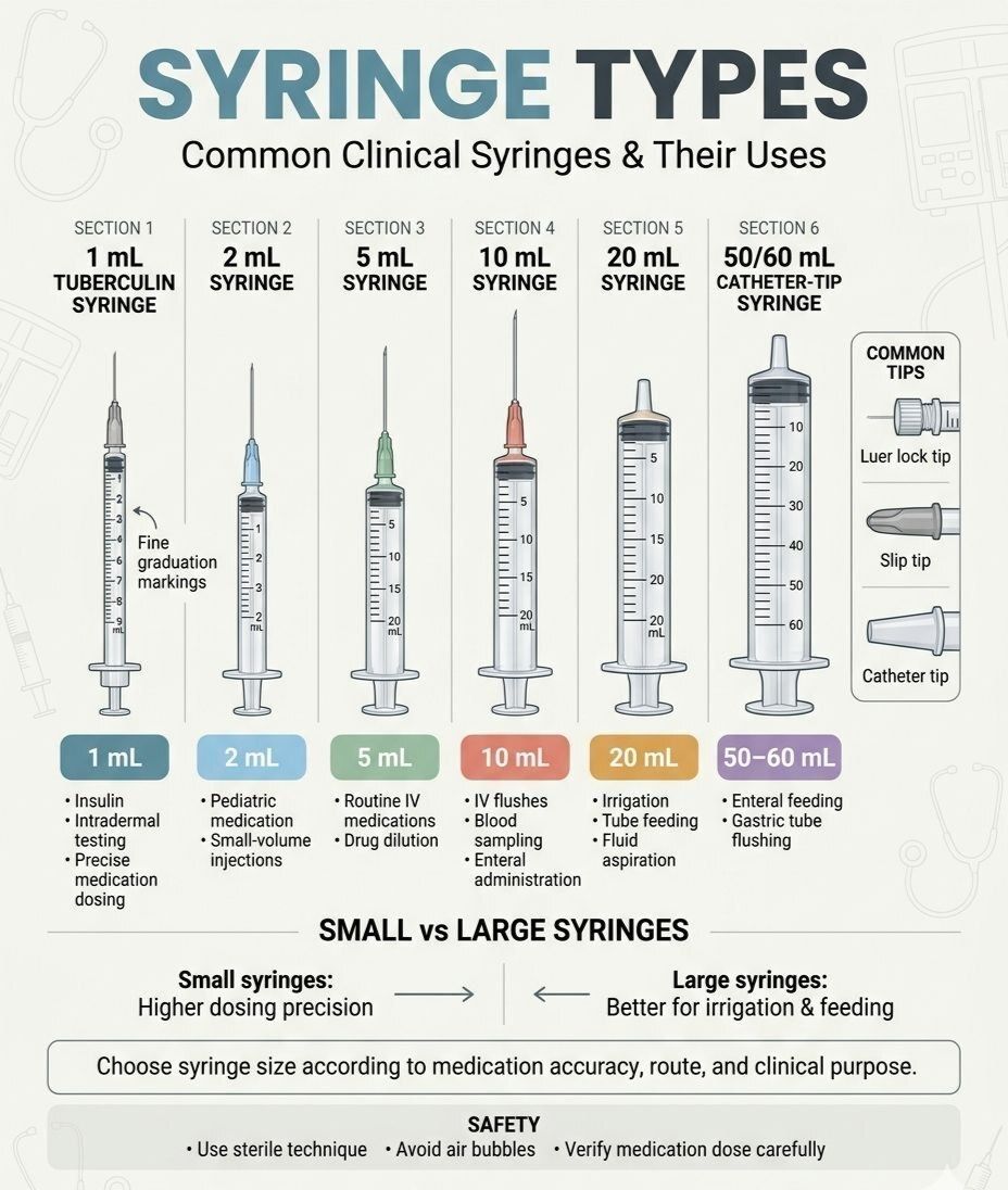 ReviQuiz's tweet photo. Precision matters at the bedside. 💉

​From a 1 mL tuberculin syringe for fine micro-doses to a 60 mL catheter-tip for enteral feeding, matching the syringe to the route protects both the line and the 

Practice Today with https://t.co/Sy4gZNp4qH you NCK revision 
 #ReviQuiz https://t.co/7y6pFDuc1l