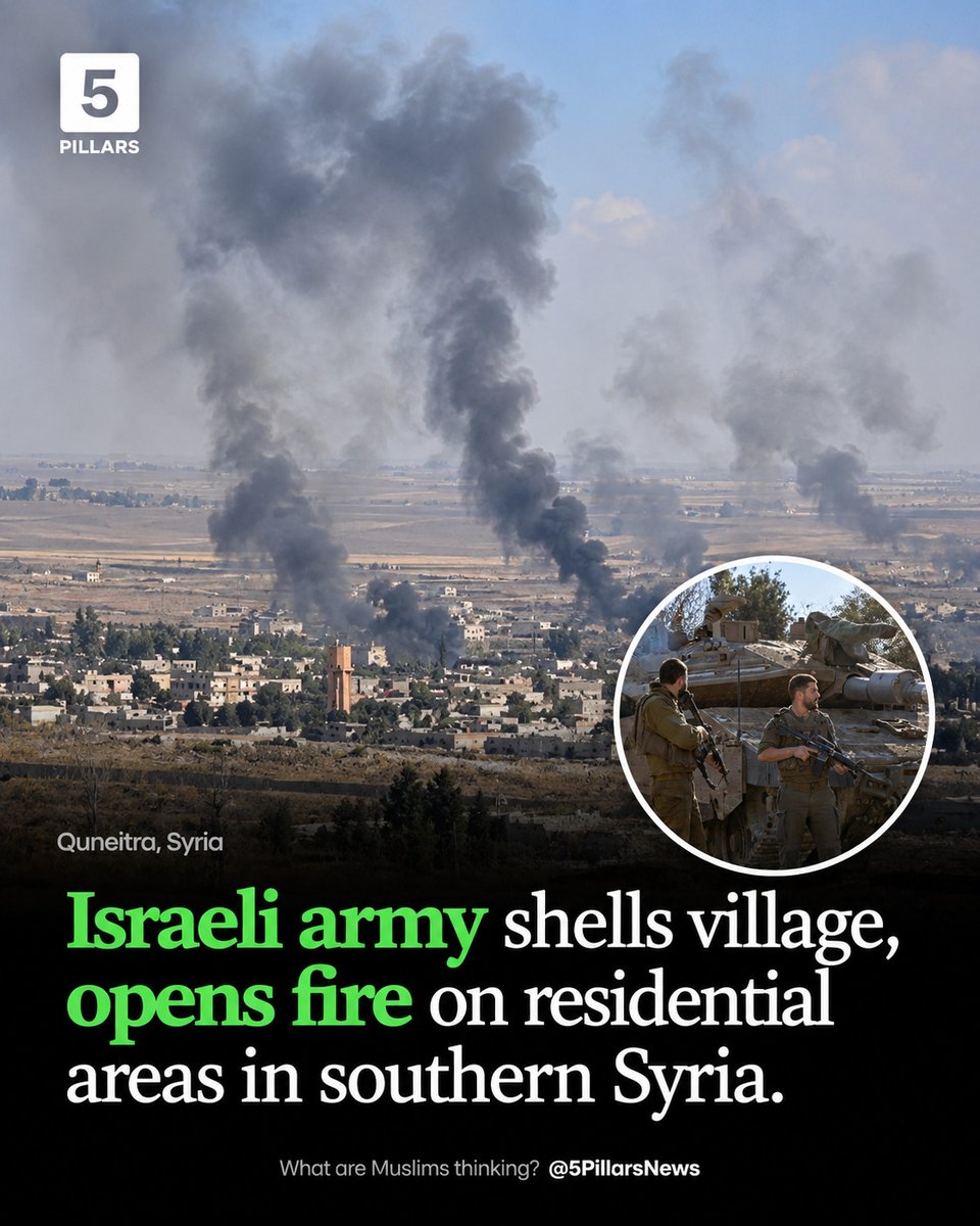 5Pillarsuk's tweet photo. The Israeli army on Saturday shelled a village in southern Syria and later opened fire on residential areas during a separate ground incursion, local media has reported, claiming Israeli artillery struck the outskirts of Abidin village in western Daraa province.

Israeli forces also entered an area west of Sayda al-Hanout village in southern Quneitra province with two tanks and other military vehicles, and opened fire toward residential neighborhoods.

Israel has continued violating Syrian territory since the fall of the Assad regime in late 2024.

Syrian President Ahmad Al-Sharaa raised the issue at the 81st UN General Assembly, saying Israel carried out about 500 airstrikes and artillery attacks, more than 1,200 incursions and roughly 300 arrests and detentions since late 2024.