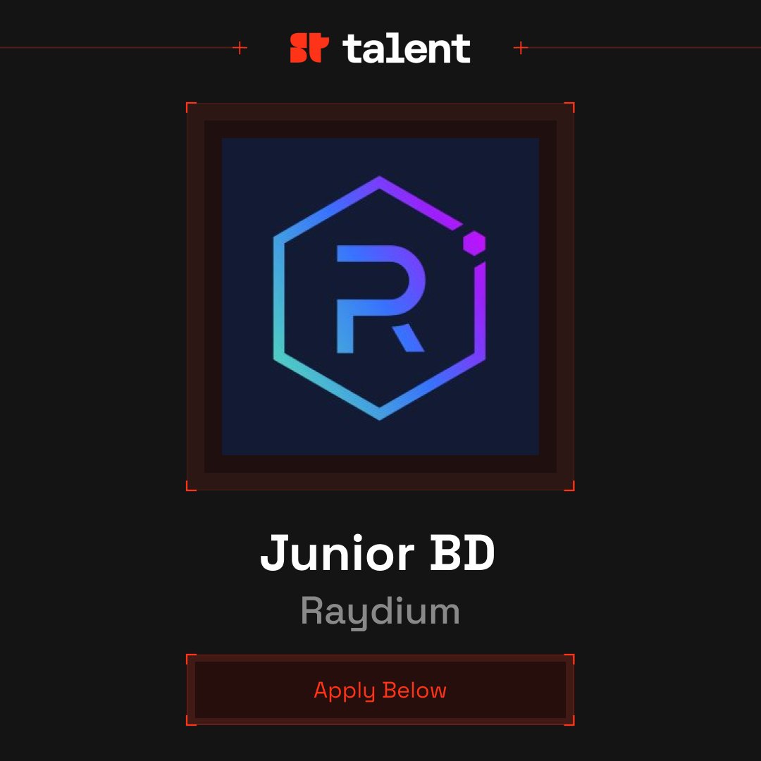 SuperteamTalent's tweet photo. Hiring: Junior BD – @RaydiumProtocol

Raydium is a leading AMM and liquidity layer on Solana

Role highlights:
- Run outbound prospecting across Telegram, X, Discord and email
- Own the CRM pipeline and log every conversation
- Entry level: agency matters more than years https://t.co/1No0bsJ3CB