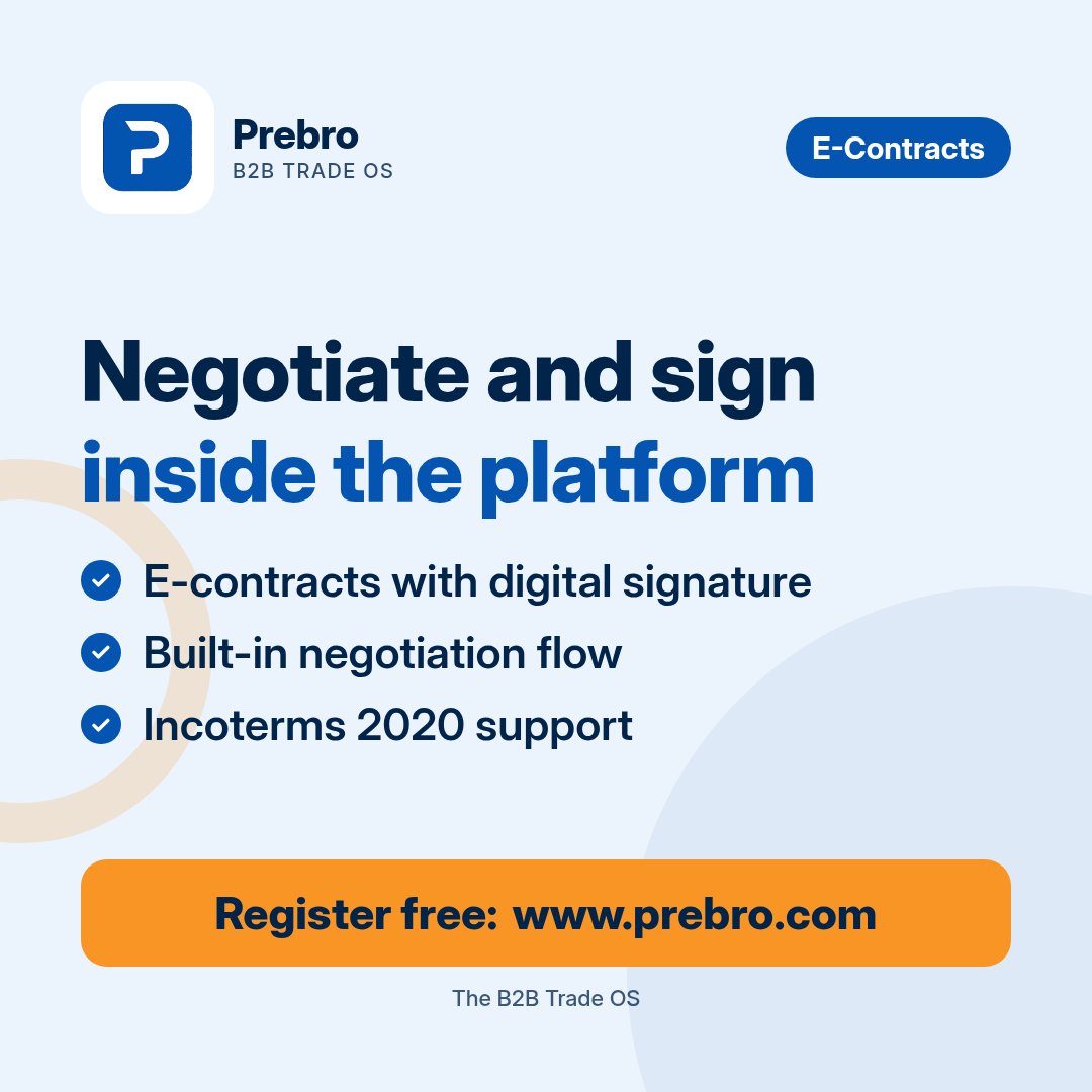 prebrocom's tweet photo. From negotiation to signature, without scattered files.
On Prebro, negotiate and sign electronic contracts inside the platform, with Incoterms 2020 support.
Register free: https://t.co/KVFL8u5mlN
#Prebro #EContracts #Incoterms #B2B #Trade https://t.co/hxhM9EC3TU