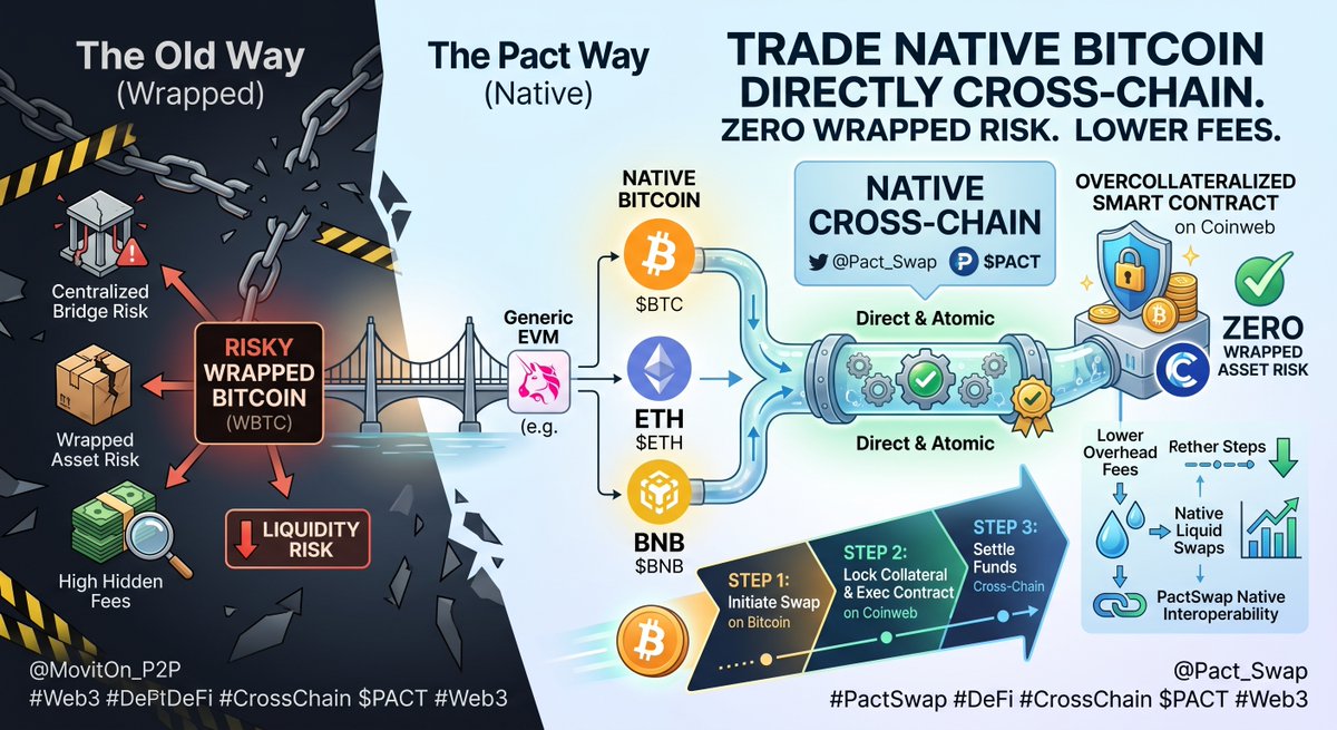 awpruslihh's tweet photo. Why trade risky wrapped Bitcoin when you can trade native $BTC directly cross-chain? ⚡
@Pact_Swap enables native, bridge-less swaps between non-EVM and EVM chains using overcollateralized smart contracts on Coinweb.
Lower overhead fees, zero wrapped asset risk, and native liquid https://t.co/dibWcNOE3D