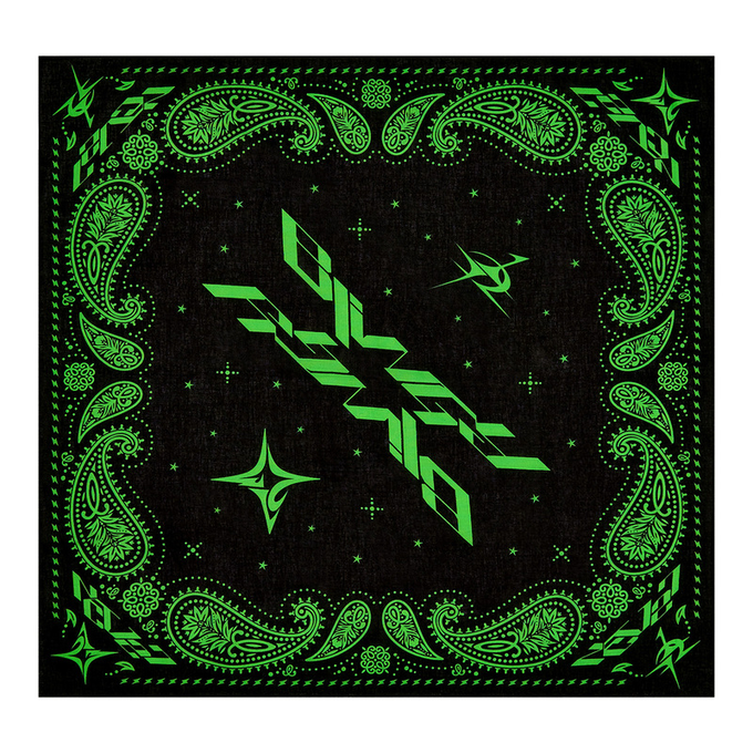 A black bandana-style design featuring a green paisley border with stars and lightning bolt motifs, and a central geometric logo with angled text that appears to read 'GRIN' or similar branding.