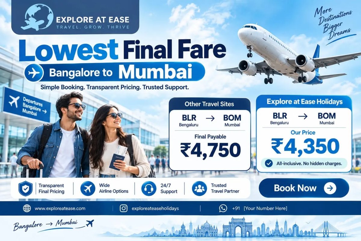 freedom2107's tweet photo. Bangalore to Mumbai flights from just ₹4, 350. Transparent pricing, wide airline options, 24/7 support, and no hidden charges. DM Explore at Ease Holidays to check availability and book. https://t.co/zGhAPEQEKy
