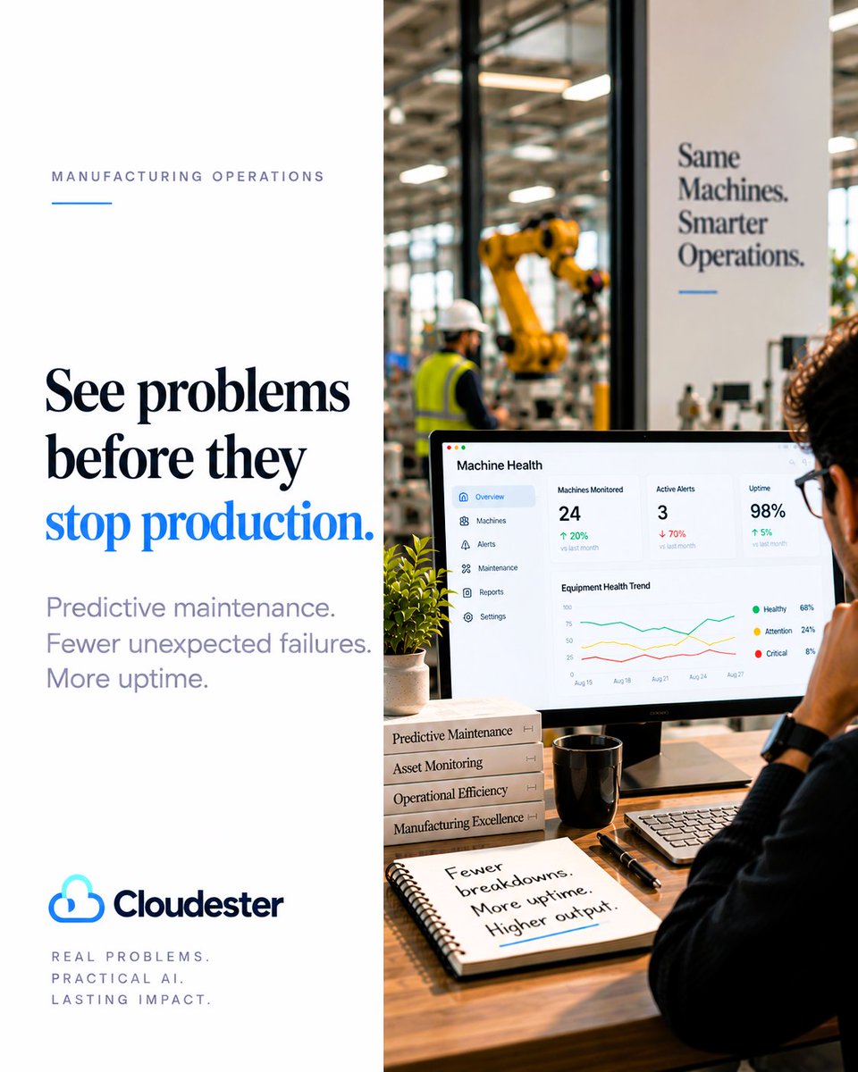 cloudester's tweet photo. A machine should signal trouble before the production line stops.

Predictive maintenance turns equipment data into earlier warnings, helping teams plan repairs before failures cause costly downtime.

https://t.co/hqXCcPSw4a

#manufacturing #ai https://t.co/LdAhiTcca4