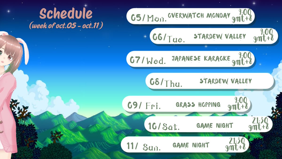sammsammiiee's tweet photo. forgot to drop the schedule yesterday 
better late than never, right? 🐰

here’s this week’s schedule!! come hang out with me if you can https://t.co/vaVdU1TpjH
