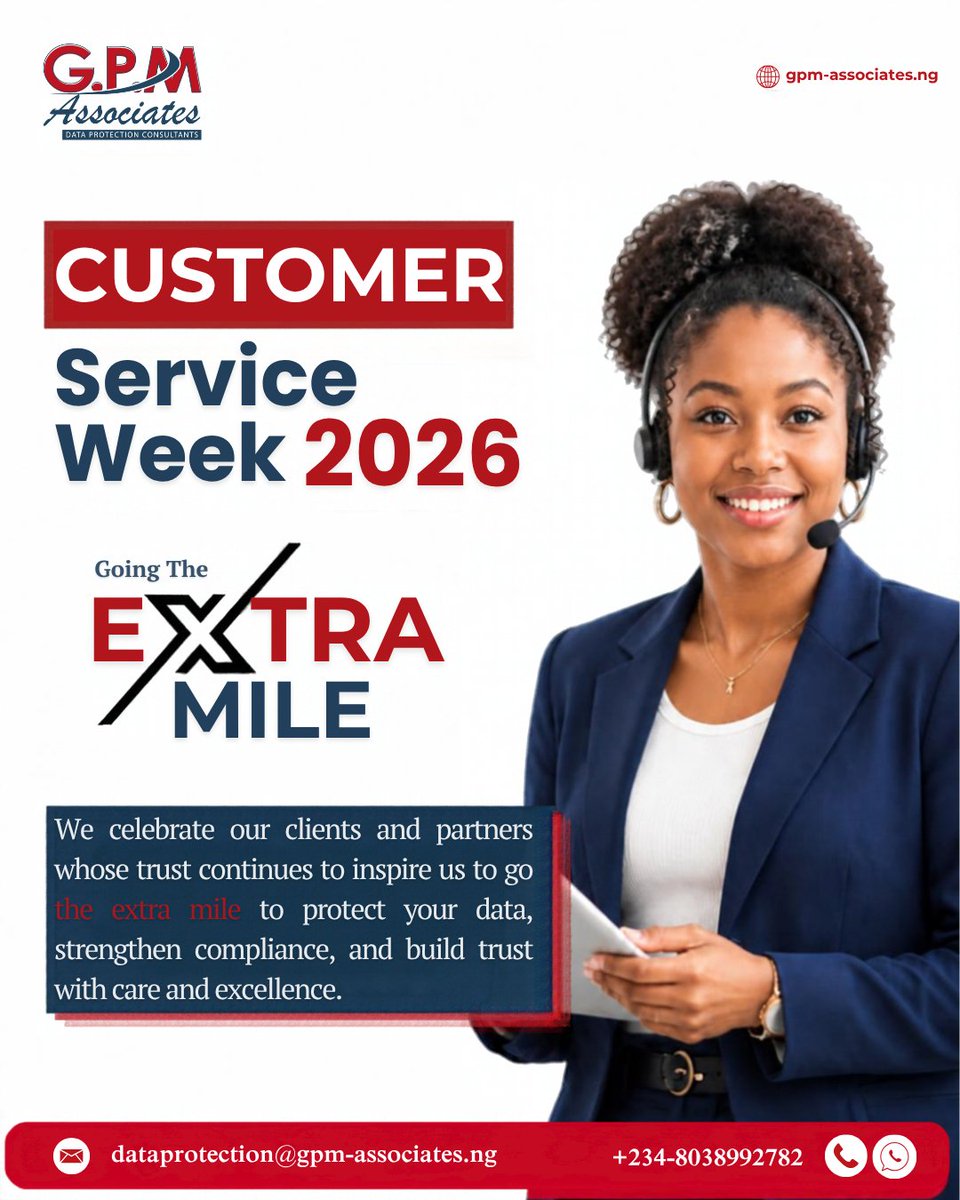 GPM_DataProtect's tweet photo. Happy #CustomerServiceWeek 2026!

At G.P.M. Associates, we celebrate our valued clients &amp; partners whose trust inspires us to go the extra mile every day.

Thank you for letting us guide your data protection &amp; compliance journey! 🛡️

#GoingTheExtraMile #GPMAssociates #DataProtect https://t.co/dNGEXosMtl