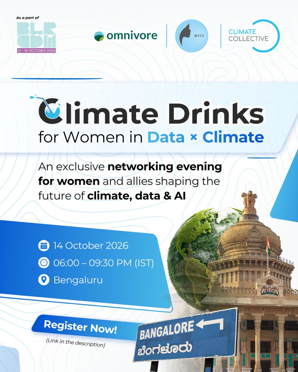 omnivore_vc's tweet photo. Drinks for Women in Data × Climate, bringing together women and allies working across climate, data and AI.

📅 14 October 2026 ⏰ 6:00–9:30 PM IST 📍 Bengaluru

Register from the link in thread! https://t.co/ryFA3b6OTb