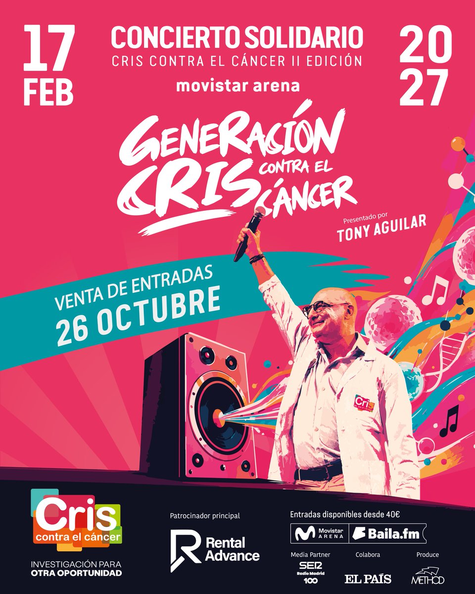 criscancer's tweet photo. 🔴 VUELVE el #ConciertoGeneraciónCRIS 

¡La música vuelve a sonar por la investigación! 

Apunta las fechas 👇
🎟️ 26 de octubre: Venta de entradas
🎤 17 de febrero de 2027: Concierto en el @MovistarArenaES, presentado por @TonyAguilarOfi 
¿Nos acompañas? 😉 https://t.co/ORVwYL4yA2