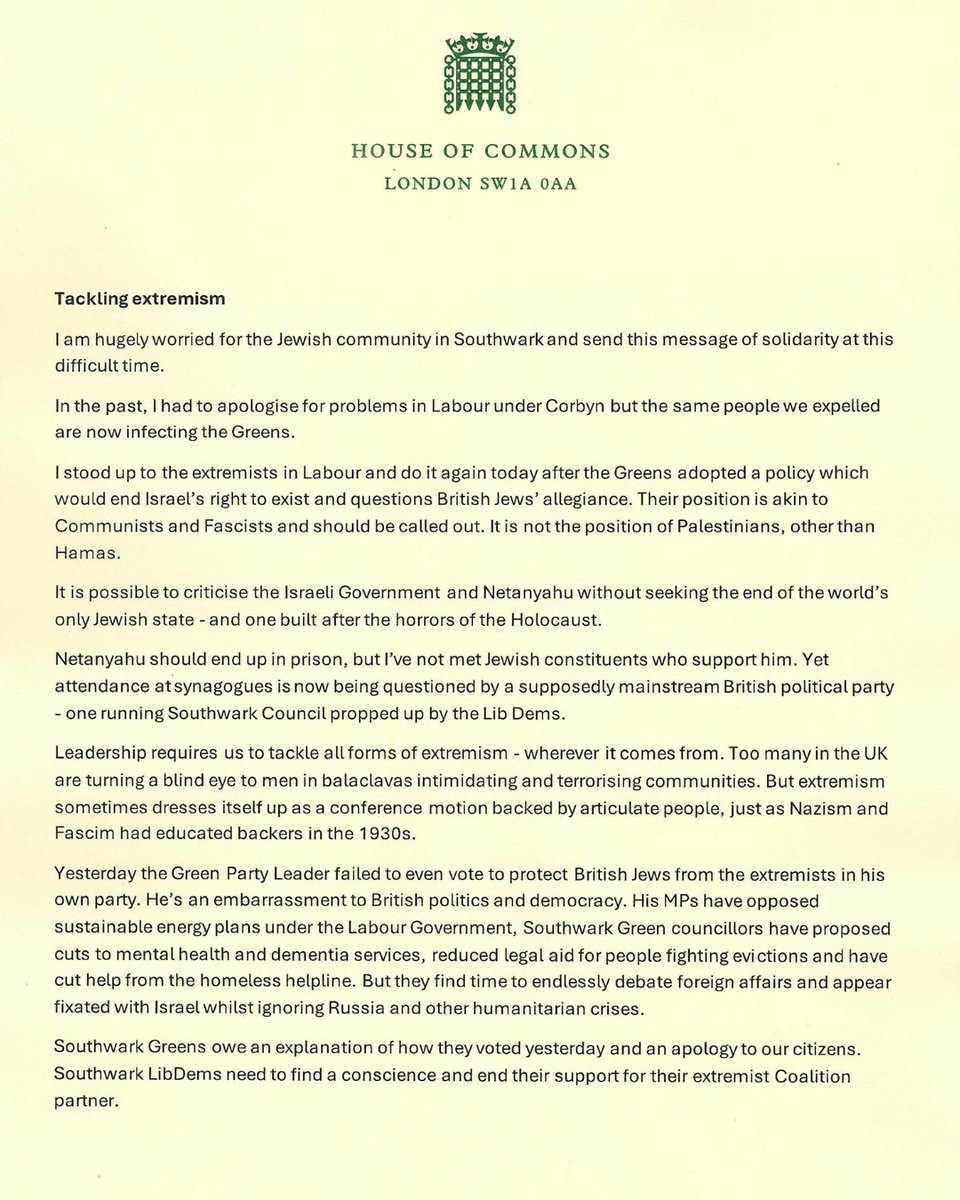 coyleneil's tweet photo. I will always fight extremism, wherever it rears its ugly head.

Shockingly, Southwark Greens now have a policy opposing Israel's right to exist. They’re propped up here by the LibDems who must also consider their position. https://t.co/O3BBDs2Jx7