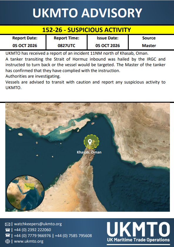 MEBriefNews's tweet photo. 📰 UK Maritime Trade Operations: Tanker in the Strait of Hormuz Responded to Warning from the Revolutionary Guard

💬 Analysis
If it is confirmed that the warning was indeed issued through the United Kingdom Maritime Trade Operations, its significance goes beyond an isolated maritime incident: it reflects the Revolutionary Guard’s shift from imposing routes and requiring transit declarations and fees to using direct threats to manage tanker traffic. The response comes after a series of incidents and attacks on commercial vessels during September and October, suggesting that Tehran is testing psychological deterrence before resorting to force and is betting that one tanker’s compliance will influence the decisions of other operators. The most likely outcome is an increase in diversions or a return to routes approved by the Revolutionary Guard, along with higher insurance costs and supply risks, while the repetition of such incidents may prompt the United States and its partners to intensify their escort of vessels—a course that raises the likelihood of military friction even without an announced Iranian decision to close the strait.