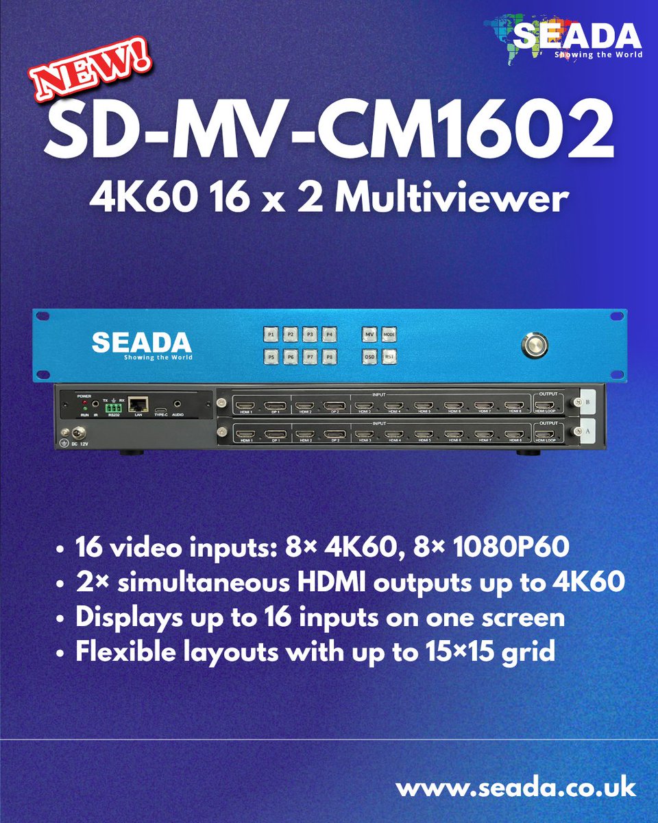 SeadaTechnology's tweet photo. NEW Product🚀

SEADA are excited to announce the launch of our NEW 4K60 16x2 Multiviewer, SD-MV-CM1602✨

A high-performance 4K60 multiviewer and video switcher designed to bring multiple sources together on a single screen. 

ℹ https://t.co/NX6957WLxc
😊

#ProAV https://t.co/zl3bpV3R5J
