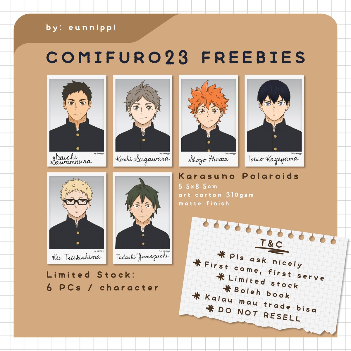 eunnippi's tweet photo. Halooo~
aku akan datang ke #Comifuro23 dan bawa freebies. Siapa tau ada yang mau, bisa trade jg yah. Maaf blm bisa bawa banyak krn budgetnya limited :')
kalau mau book, hit me up in DM aja. Ntar colek aja pas di sana hehe, ak bakal pake jersey Daichi &amp; jeans..
See you guys soon! https://t.co/efATYH5wvm
