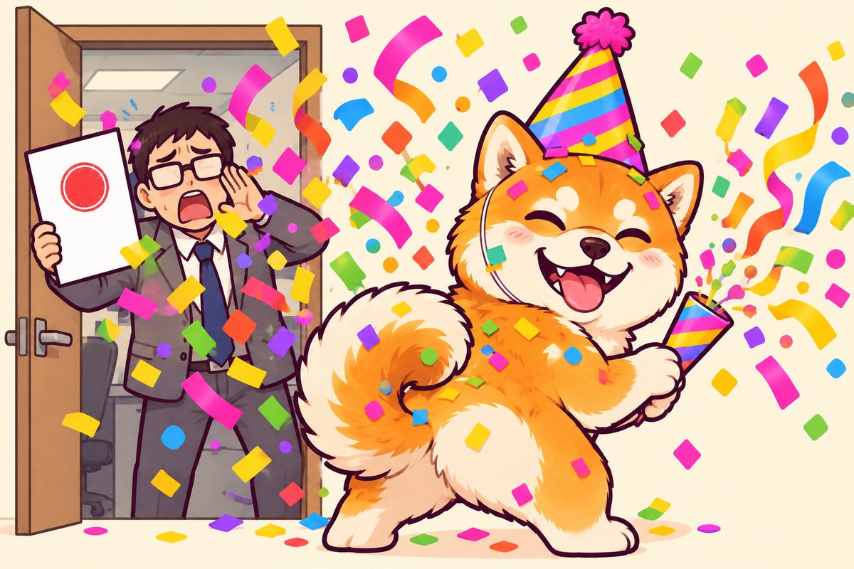 ConfettiInu's tweet photo. Memo guy: the confetti is retired.
The dog: cannot hear you, popping. https://t.co/fNIJaWLo6v