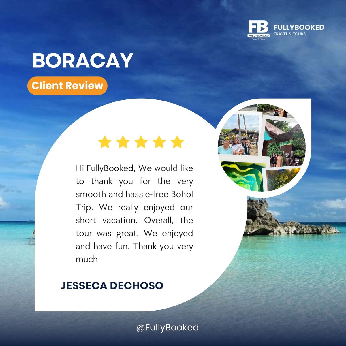 urworldmyworld's tweet photo. Another unforgettable Boracay journey. Thank you, Ms. Jesseca Dechoso, for choosing FullyBooked Travel &amp; Tours. We’re thrilled to have made your trip smooth, hassle-free, and memorable. Here’s to more adventures ahead. https://t.co/HqtMmOHiCu